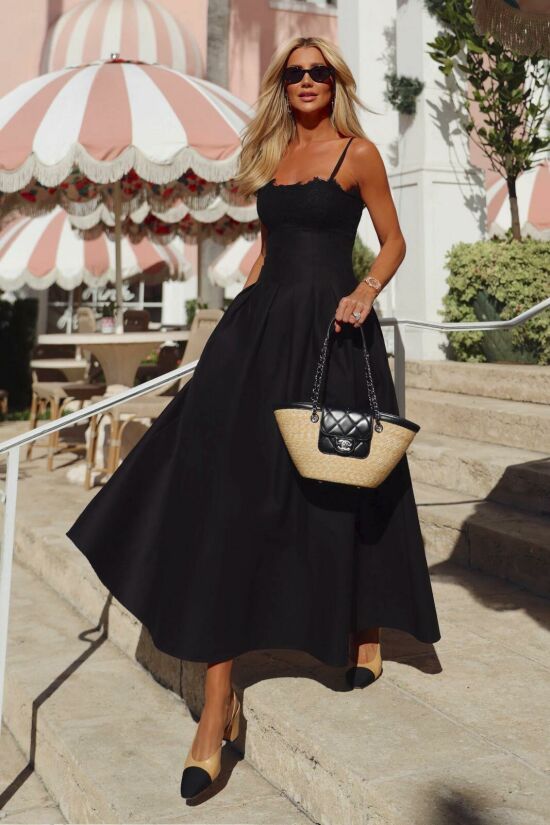 Imagem de Vestido Mídi Recortes Pespontados Cintura Renda Busto Preto Zen